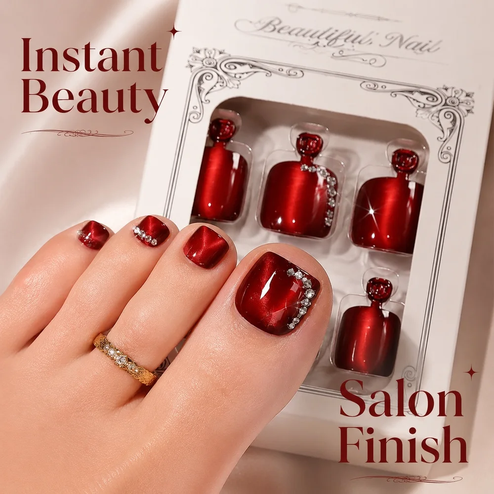 24Pcs Magnetic Gloss Red Cat Eye Square Fake Toe Nails 3D Embossed Rose Diamond Decor Bridal Foot Nail Set