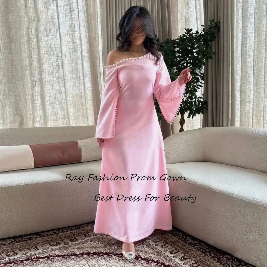 Ray Fashion A line Evening Dress Satin One Shoulder Full Sleeves With Pearls For Women Formal Occasion Party Gown فساتين سهرة