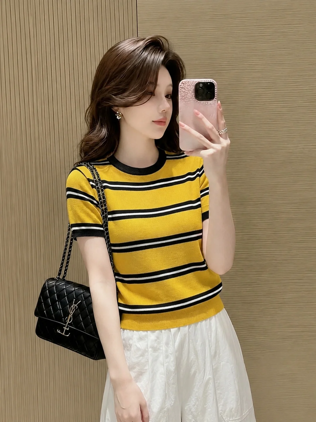 

Chic Contrast Color Stripe Ice Silk Knitted Top Comfortable Slimming Summer Fashionable Casual Loose Fit round Neck Short Sleeve