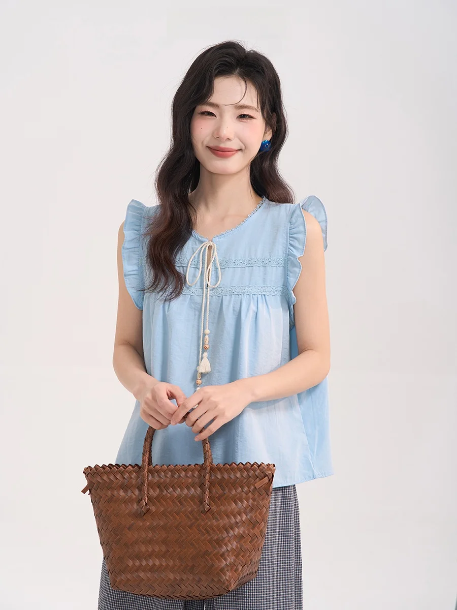 

Летний женский топ Blue Treasure с кружевной отделкой, свободного кроя, с круглым вырезом, в корейском стиле, для повседневной носки, с принтом «Цветочное поле»