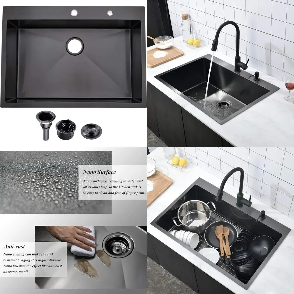 

Black Gunmetal 33 x 22 x 9 Drop-In Kitchen Sink, 18-Gauge Handcrafted Single Bowl Stainless Steel Sink with Top Mount Installati