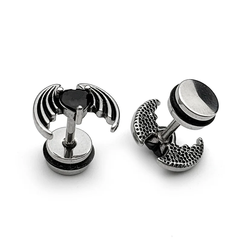 1PC Gothic Punk Black Heart Bat Wing Stud Earrings For Women Men Stainless Steel Silver Color Rhinestones Earrings Jewelry Gift