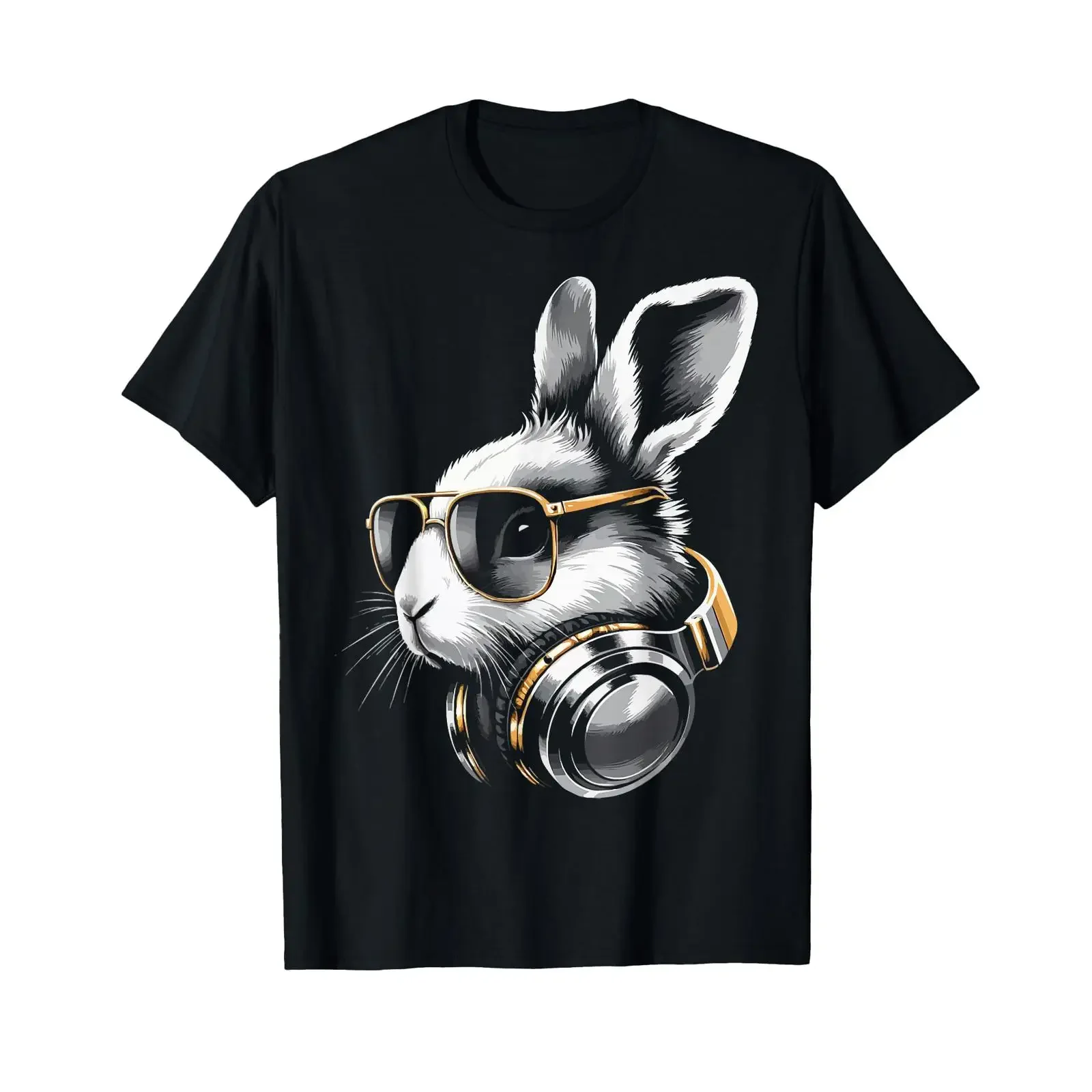 Bunny with Sunglasses and DJ Headphones T Shirt black vintage Washed graphic Versatile Stretched Breathable Casual homme