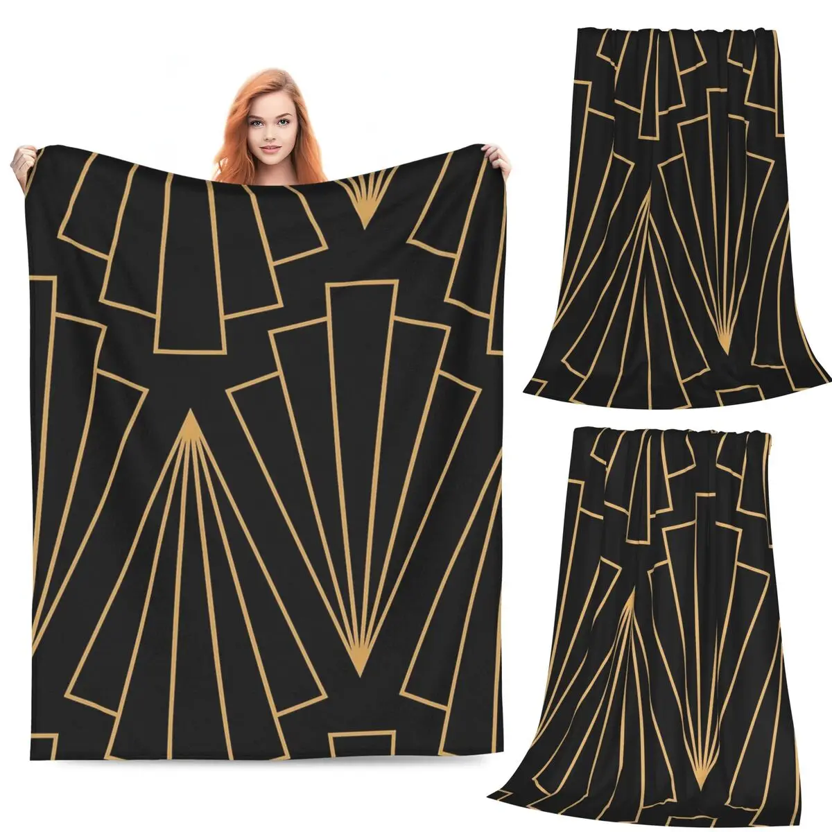 

Gold And Black Art Deco Pattern Blankets Fleece Sofa Throw Blanket Warm for Home Bedroom Outdoor Throws Bedspread Quilt