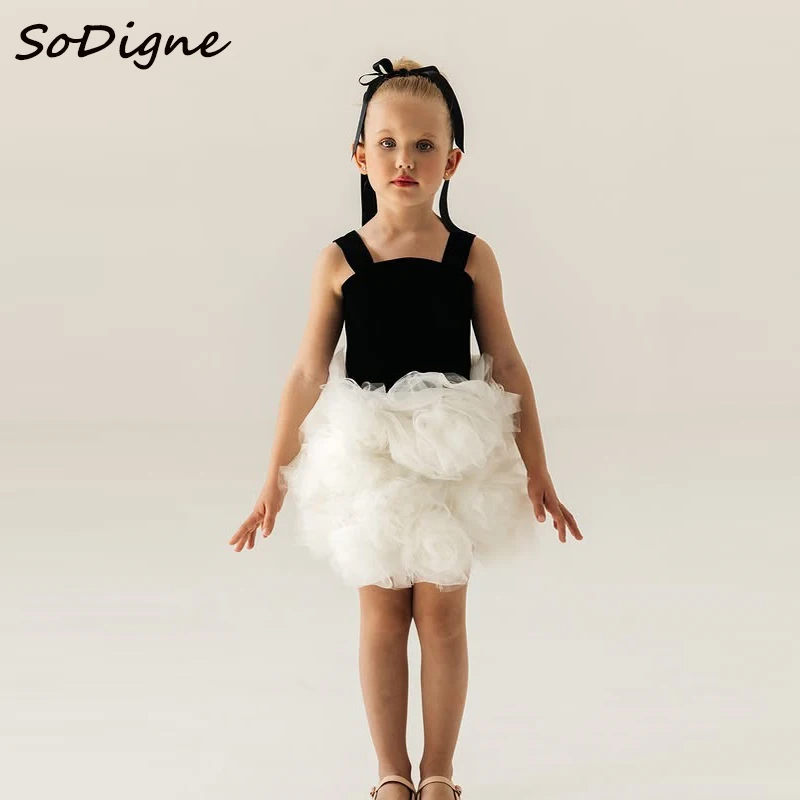 

SoDigne A-line Velvet/Tulle Black Flower Girl Dress Sleeveless Short 2025 Girls Skirt Party Dresses Kid Gown Customized