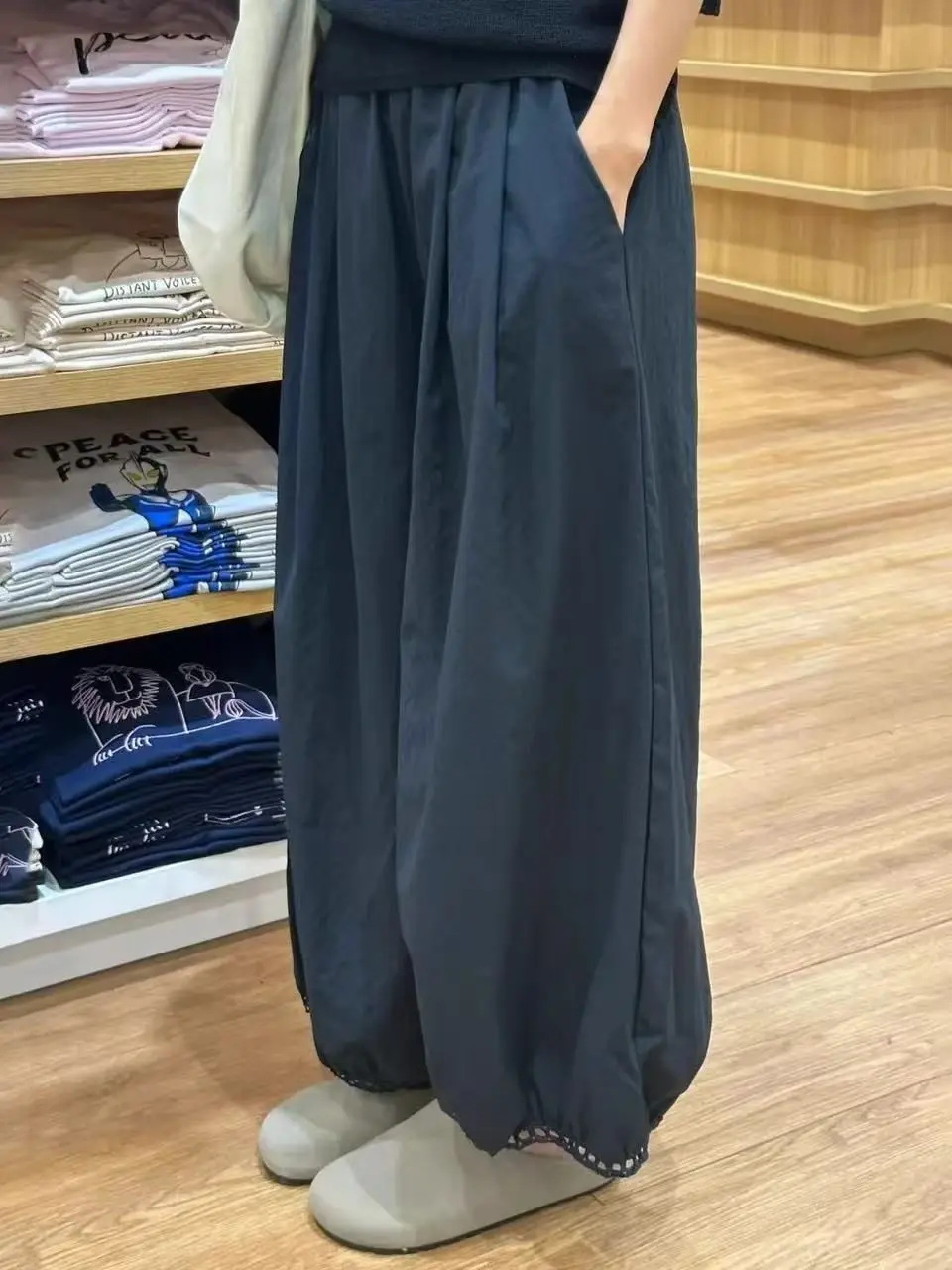 

Синие широкие брюки-фонарики в корейском стиле с высокой талией для женщин, повседневные, весна-лето, модные, укороченные (до щиколотки)