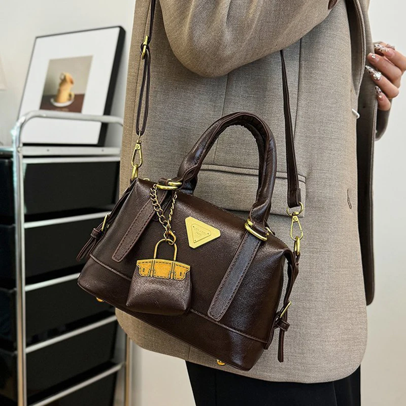 Trendy Street Korea Designer Bowling Box Handbag For Women Boston Tote Bag Retro Texture Leather Bag Female Shoulder Bag