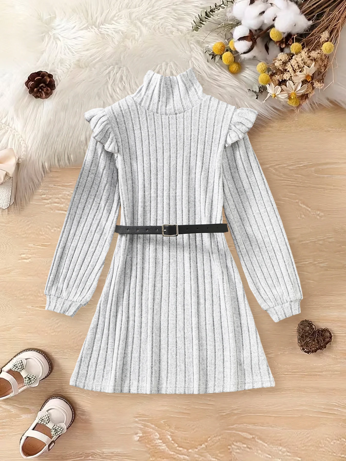 

Платье для девочек однотонное, в рубчик, с высоким воротом, кружевными длинными рукавами, с поясом, повседневное