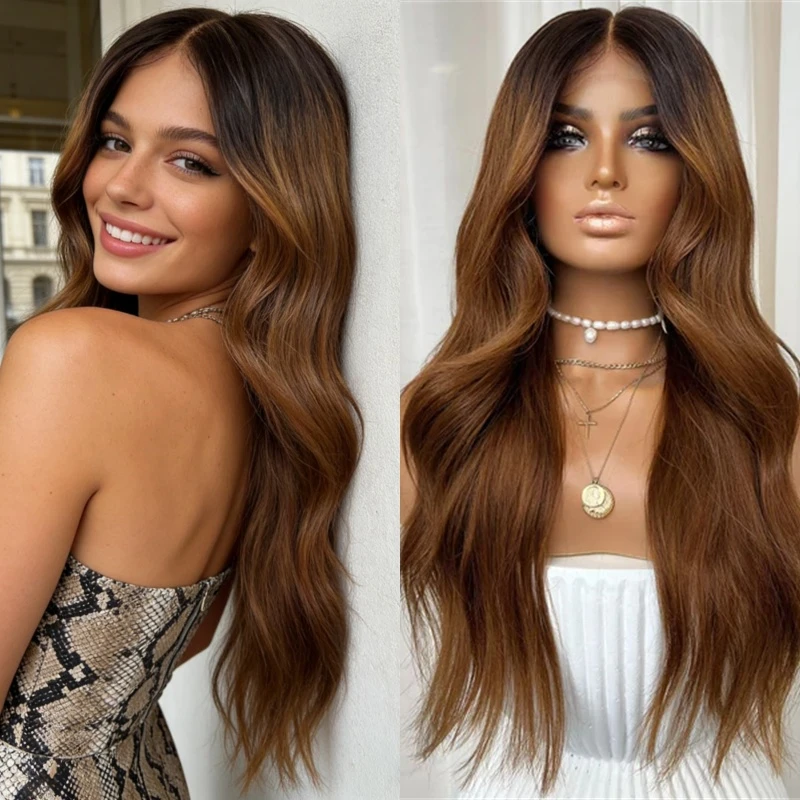 

Party Wigs Ombre Warm Brown Highlights HD Lace Front Wig High Quality Synthetic Wig for White Black Women Glueless Wig 28 Inches