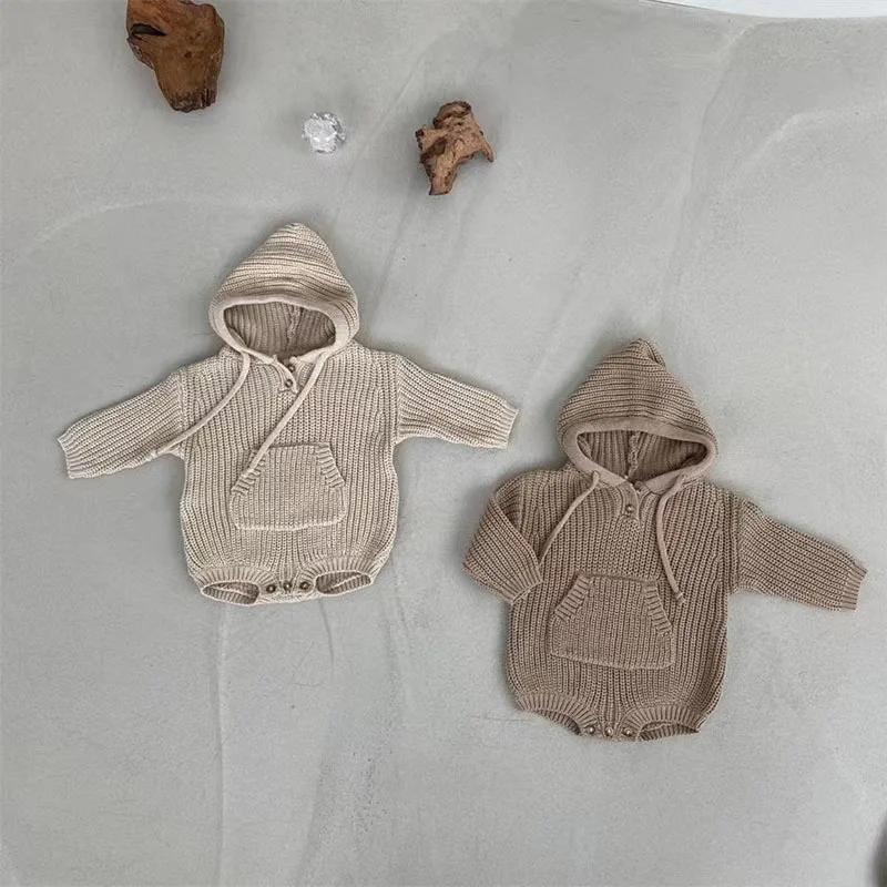 

2024 Solid Soft Cotton Long Sleeve Korean Children's Clothing Autumn Children Pullover Shirt Hooded Knitting Jumpsuit Rompers