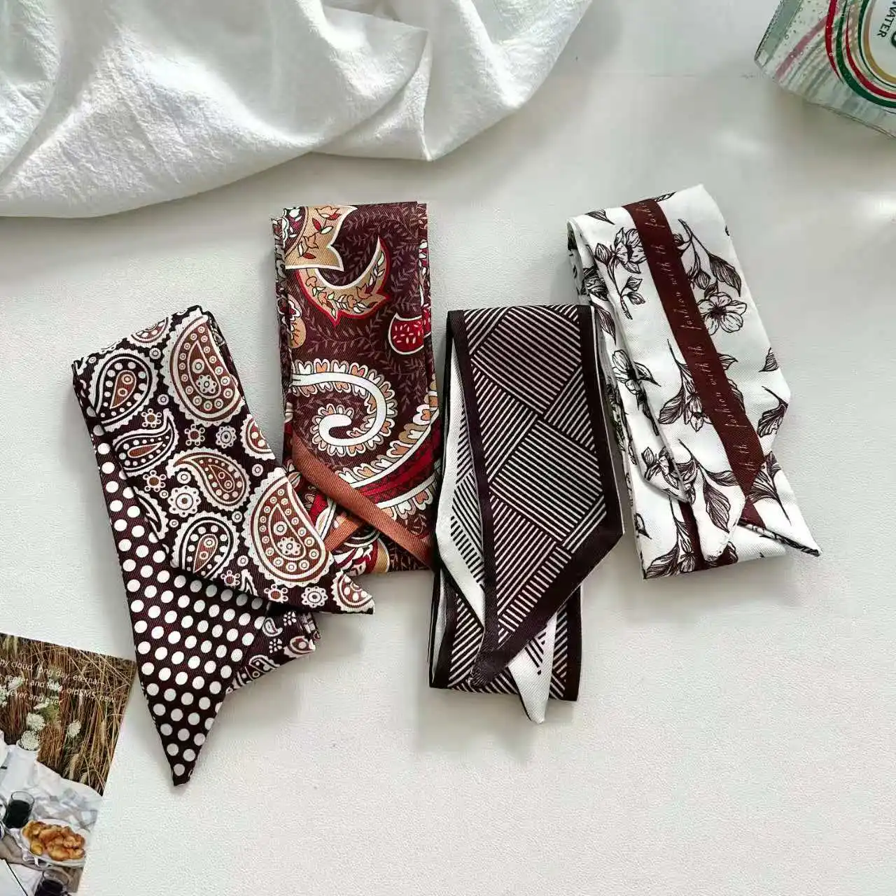 Scarf Retro Patchwork Long Narrow Satin Lightweight Multicolor Versatile Women Neck Waist Hair Bag Decoration Spring Summer
