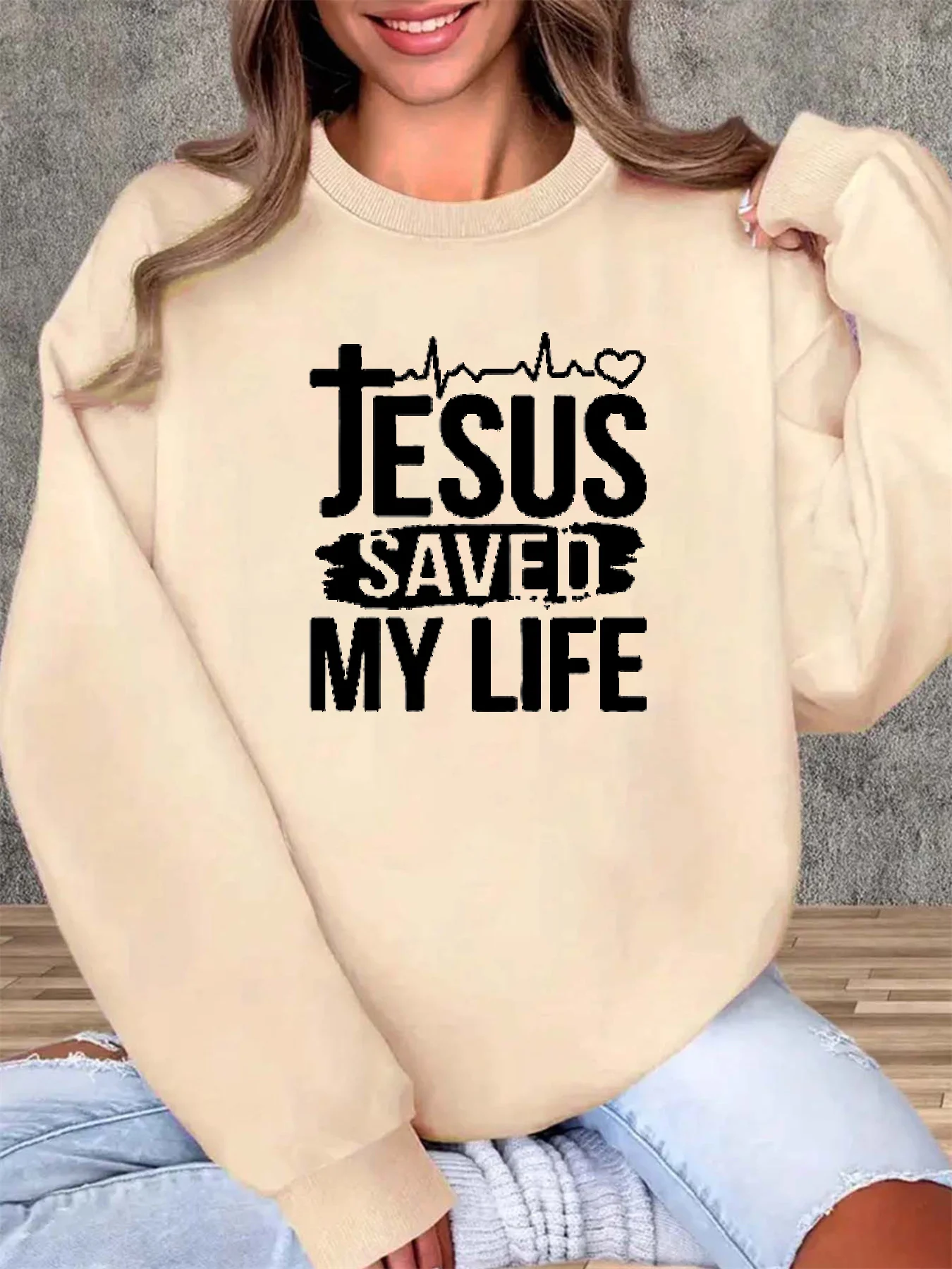 Jersey de manga larga con cuello redondo y estampado de letras de Jesús, holgado, cómodo y cálido, informal, a la moda, para otoño e invierno