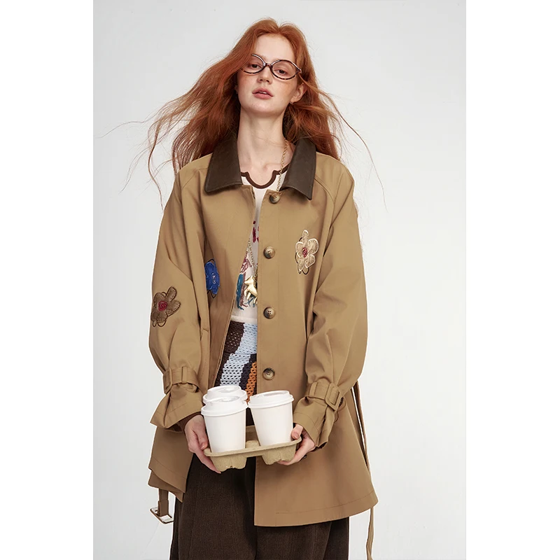 ELFSACK Loose Trench Coat with Floral Embroidery, Contrast Collar Outerwear for Daily Casual Wear