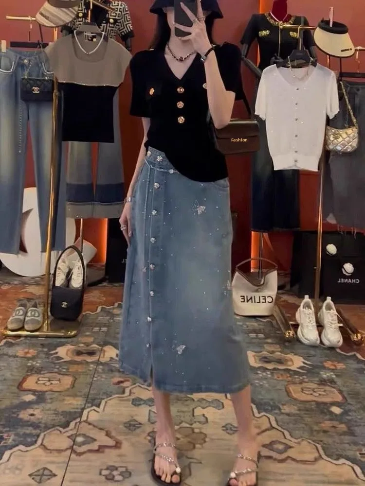

Elegant Mid-Length Denim Skirt for Women Heavy Embellished High Waist Cotton Polyester Blend A-Line Skirt Autumn Fashion