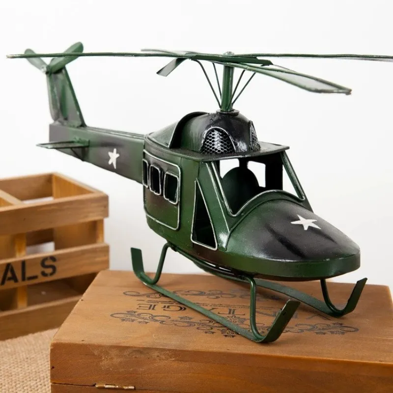 Metal Vintage Military Helicopter Ironwork Model Ornaments Miniature Airplane Home Crafts Collection Gift For Static Display