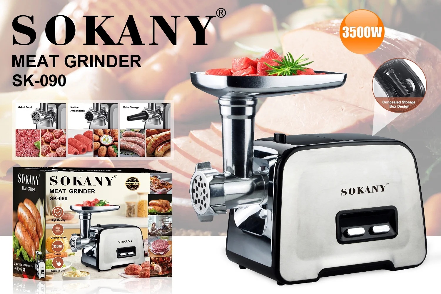 Sokany SK-090 High Quality Meat Grinder Food Grade  Stainless Steel Blade  110~240V 50~60Hz 2500W