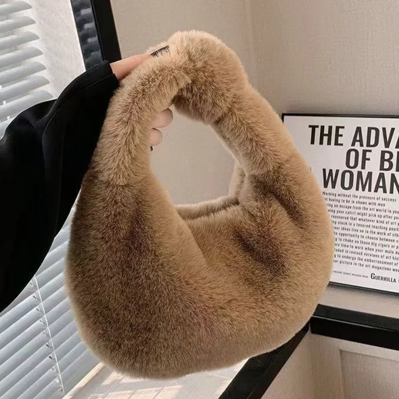 Winter Casual Furry Shoulder Bags for Women Solid Color Soft Plush Ladies Clutch Purse Handbags Lightweight Female Hobos Bag New