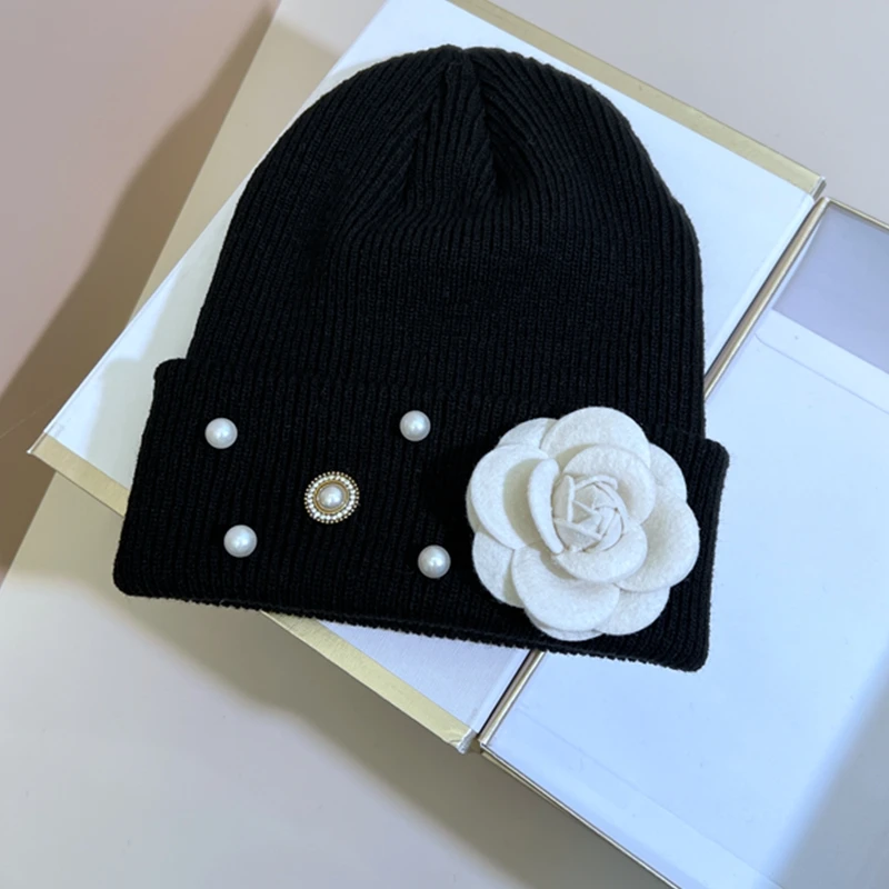 Brand Flower Winter Beanie Hat Acrylic Knit Hats for Women Soft Warm Cuffed Beanie For Girls Knitted Caps Outdoor