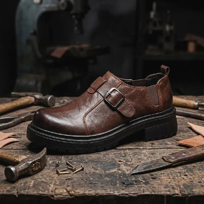

Men Retro Brown Leather Loafers with Buckle Thick Sole Casual Slip-On Platform Shoes for Daily Commute Offic Size 38 - 46