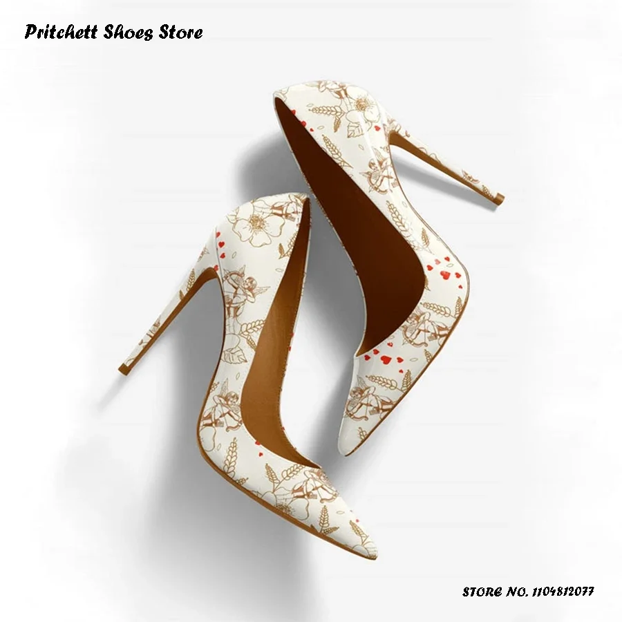 

Женские кожаные туфли-лодочки с эскизным принтом, весенне-осенние офисные женские туфли без шнуровки на высоком каблуке-шпильке с острым носком