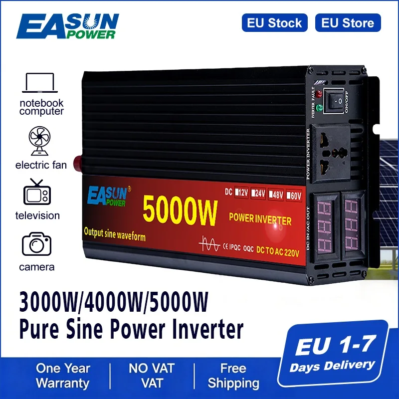 Power 2000W 3000W 4000W 5000W Zuivere Sinus Omvormer DC 12v 24v AC 220v Auto omvormer Converte Met LED Display EU Voorraad