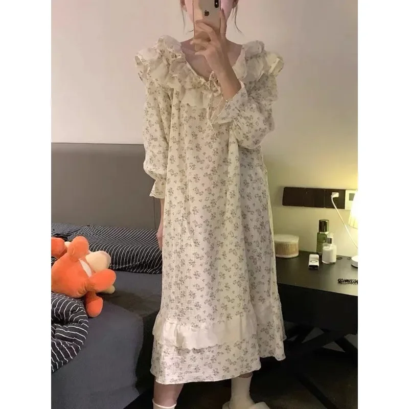 Floral Women Nightgown Korean Ruffles Sleepwear Long Sleeve Night Dress Autumn Lace One Piece Pajamas Home Sleeping Wears New In