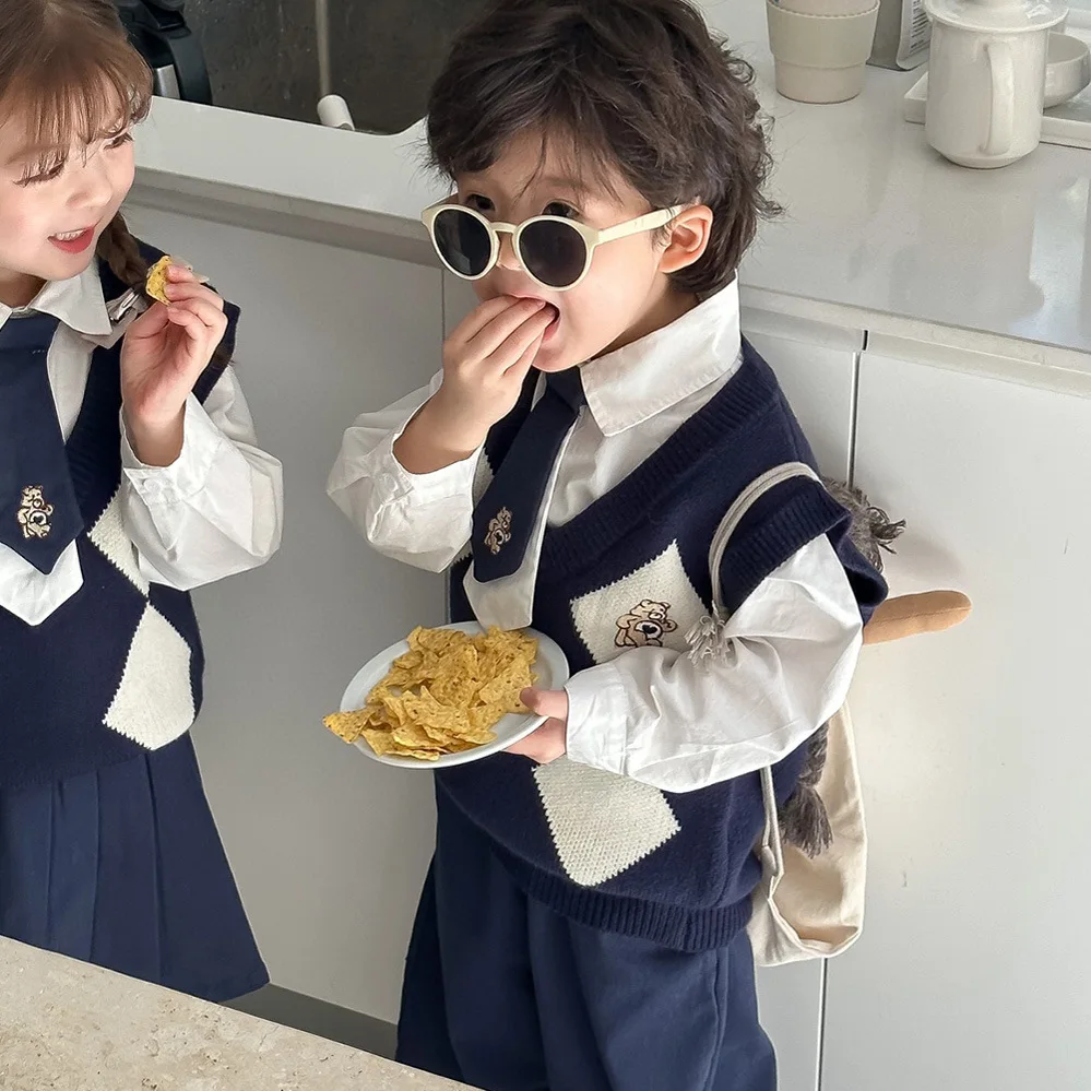 School Look Brother Sister Matching Three-piece Set Girls Knit Vest+blouse+skirts Outfits Korean Boys Sweater Shirts Pants Suit