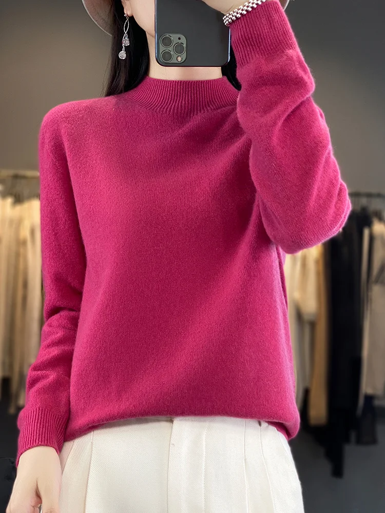 

Fashion 100% Merino Wool Sweater Solid Color Mock Neck Cashmere Pullover Basic Autumn Winter Soft Long Sleeve Clothing Tops