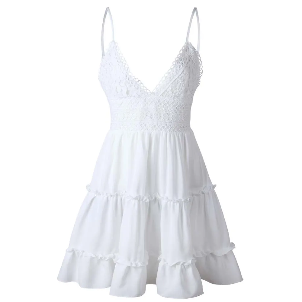 Summer A-Line Beach Dress Spaghetti Strap Lace Floral White Mini Dresses Ruffles Backless Holiday Sundresses Women Sundresses