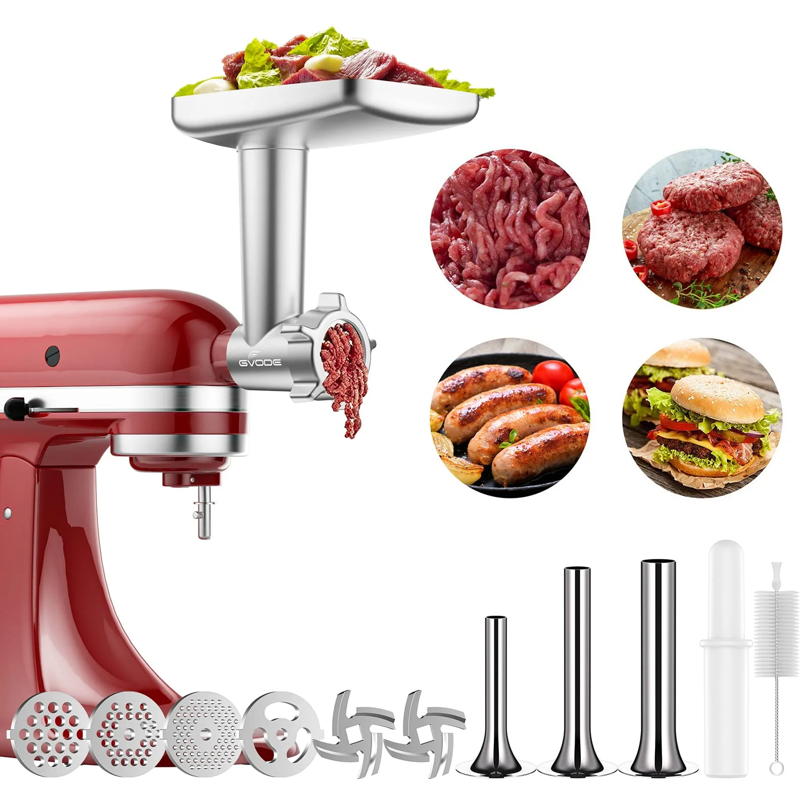 

GVODE Meat Grinder Attachment for KitchenAid Stand Mixer with 4 Grinding Plates 3 Sausage Stuffer Tubes 2 Grinding Blades