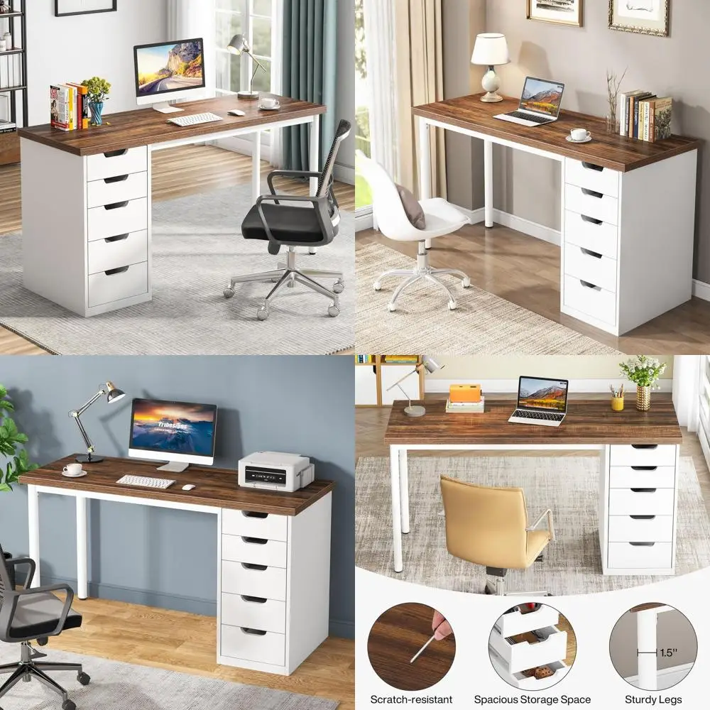 

Рустикальный коричневый письменный стол 47 с 5 ящиками, местом для хранения и поворотным шкафчиком для домашнего офиса или небольших помещений