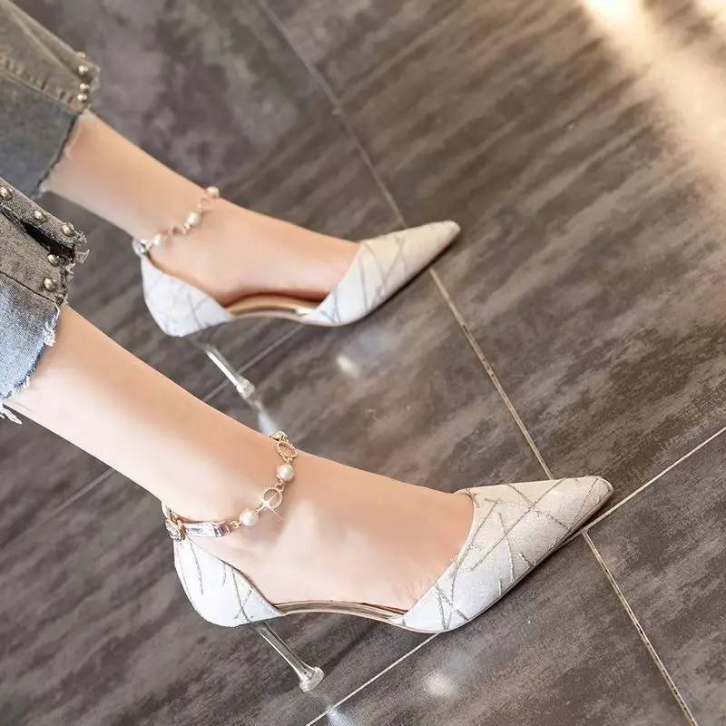 

2026 Spring Summer New Women's French Style Sexy Elegant Slim Heel Pearl Single Strap Sandals