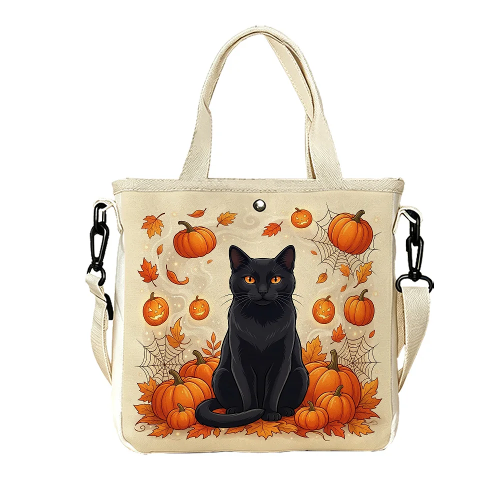 Black cat surrounded pumpkins Womens Double-Sided Print Canvas Tote Handbag Detachable Crossbody Strap for Everyday Shopping
