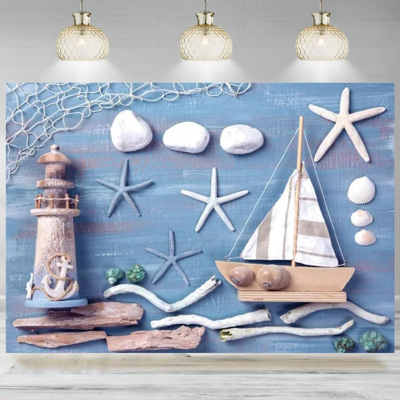 Nautical Birthday Party Decor Backdrop Cartoon Blue Ocean Sailboat Lighthouse Starfish Photography Background Baby Shower Bann