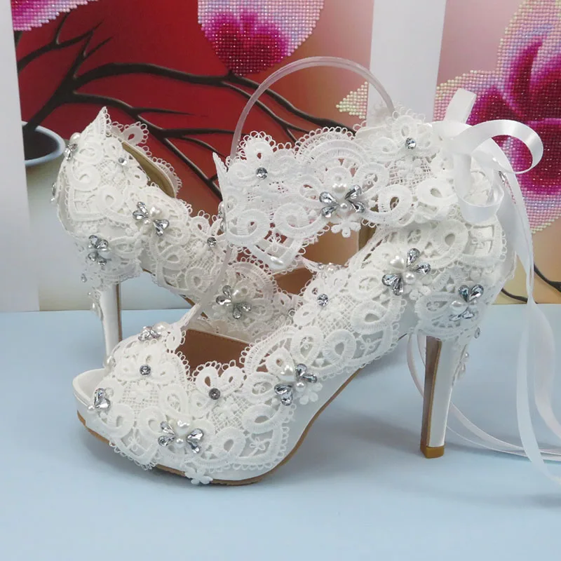 2023 New arrival Lace Bridal Wedding shoes woman fashion Open Toe party dress shoes Fish Toe Shallow Thin Heel  Platform Pumps