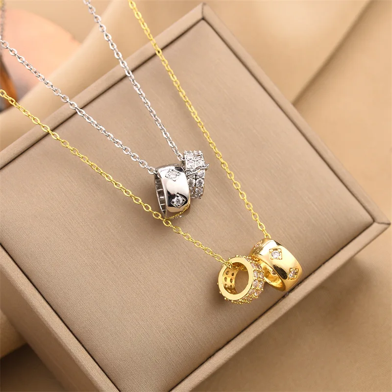 Fashion Luxurious Crystal Rhombus Necklace with Ring Pendant Non Tarnish Gold Color Jewelry for Women