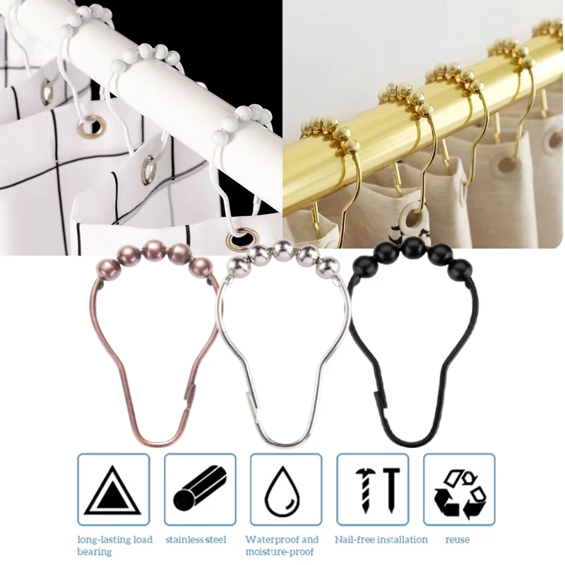 12Pcs/Set  Shower Curtain Hooks Bathroom Pole Lifting Ring Gourd Shaped 5 Bead Curtain Buckles Shower Curtain Pole Accessories