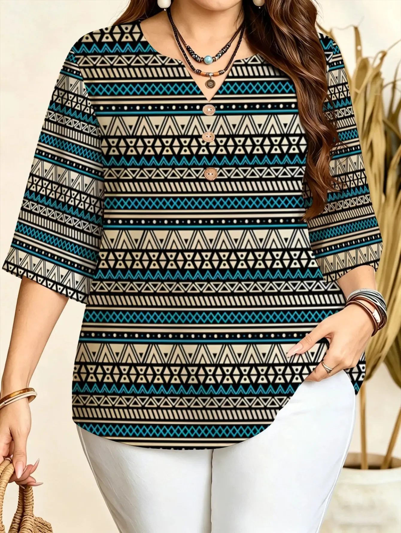 Women 3/4 Sleeve V‑Neck Blouse Button Decor Plaid Tribal Leopard Brush Stroke Ethnic Print Casual Ladies Tops