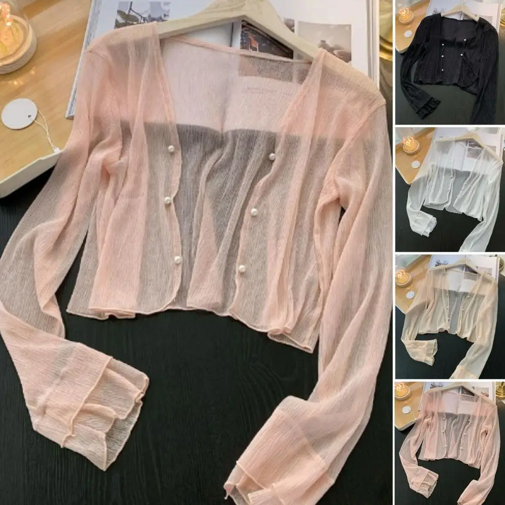 レディースサマーファッショントップ、スタイリッシュな女性用メッシュシアーサンジャケット、UVカットボタンダウン長袖サンシャツ