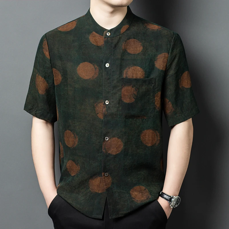 

Lightweight 100% Silk Shirts For Men Short Sleeve Chinese Style Summer Luxurious Gambiered Canton Gauze Pocket Camisas De Hombre
