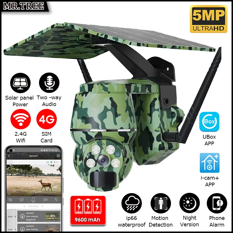 5MP Wifi Security Security Solar Battery Camera 4G SIM Outdoor PTZ Surveillance Wildlife/Human Detection Night Vision CCTV Cams