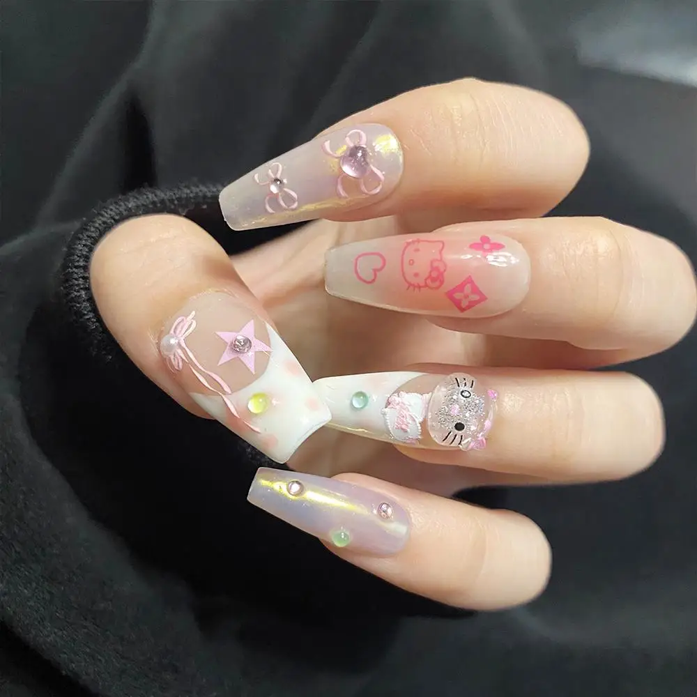 Anime Handmade Manicure Y2K Hello Kitty Sanrioed Hot Girls Cartoon Removable Manicure Patches Nail Patches Gils Student Gift