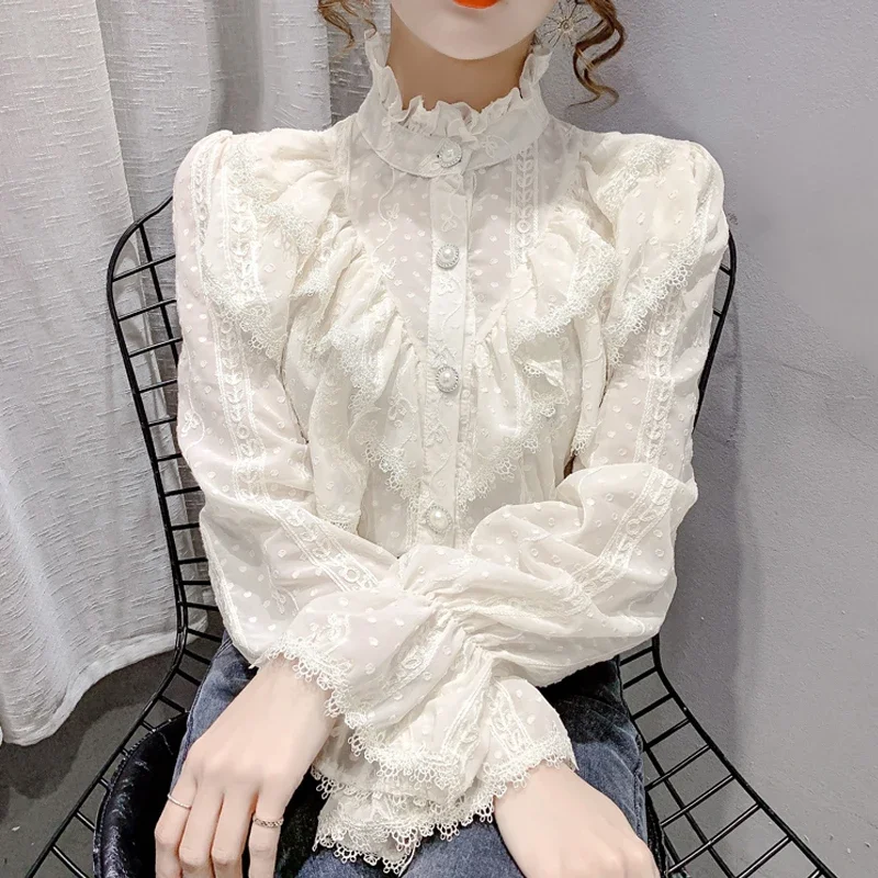 Elegant Stand Collar Pleated Chiffon Clothing Fashion Ruffle Lace Blouse Women Long Sleeve Loose Button White Shirt Blusas 15832