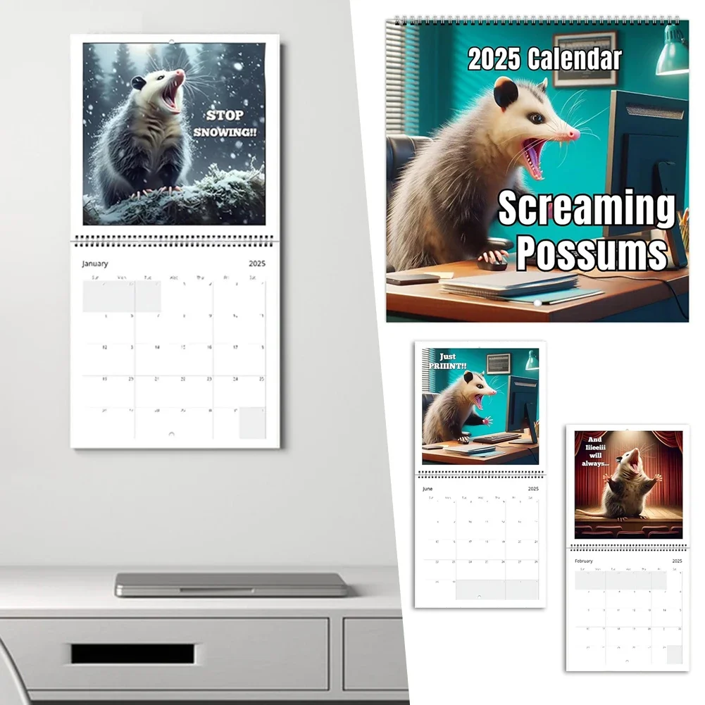 Quietschender Possum-Kalender 2025, Cartoon quietschender Possum-Wandkalender mit zwölf Monaten, Wandkalender für die Familienplanung mit Mäusenmotiv