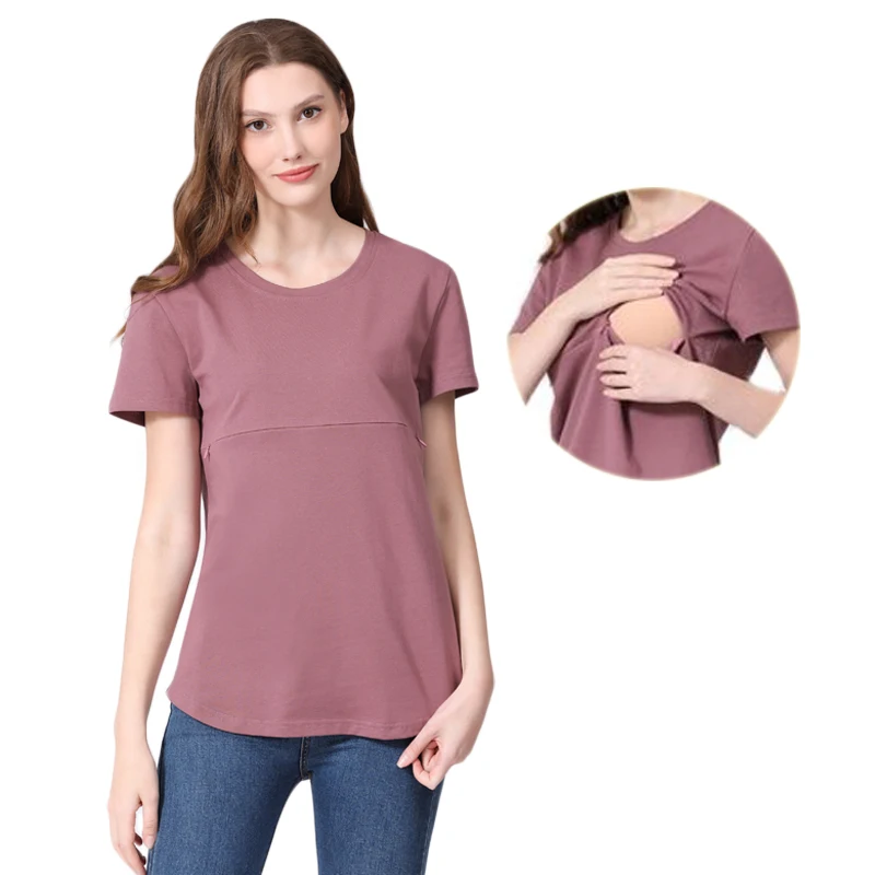 

2025 Summer Maternity T Shirt Casual Breastfeeding Clothes Nursing Horizontal Zipper Lactation Top Soft Cotton Plus Size S-5XL