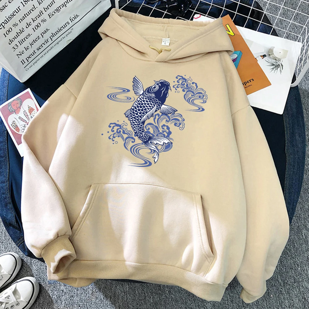 Men's Hoodie Koi Fish Anime Crewnecks Pullovers Pattern Pocket Clothes Prints Warm Swetshirt Cartoons High Quality Tops Hoody