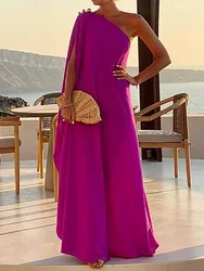 Vintage One Shoulder Office Lady Summer Dress Sexy Backless Loose Fit Elegant Women Maxi Dress 2024 Casual Holiday Beach Dresses