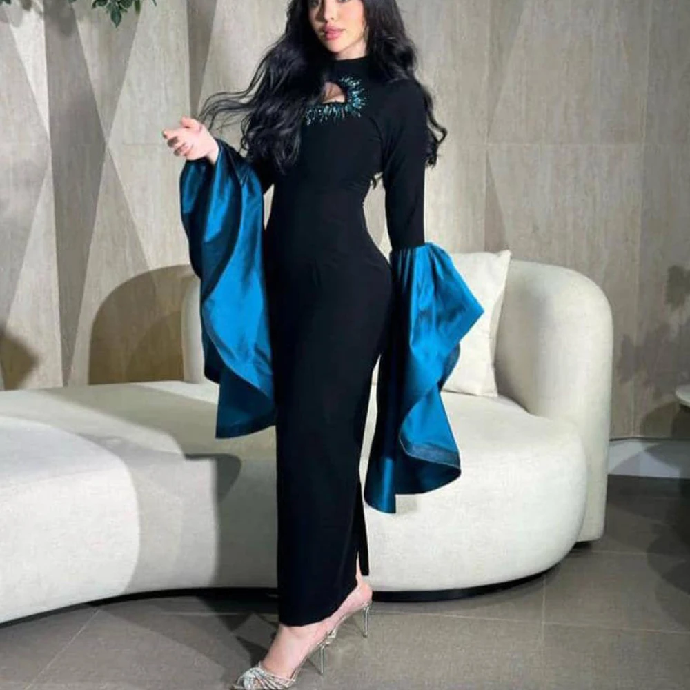 

Modern Sheath Evening Dress High Neck with Beading Long Sleeve Saudi Arabia Women Formal Customized Ankle Length فساتين سهرة