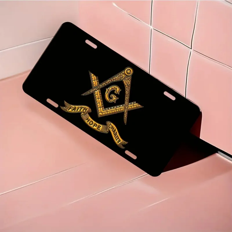 ملصق حائط معدني ماسوني - ديكور منزلي من الألومنيوم مقاس 6 × 12 بوصة مع شعار "الإيمان والأمل والخيرية" - تصميم ذهبي وأسود #2