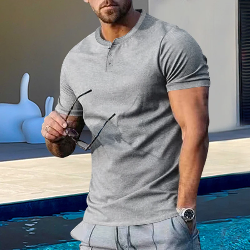 Sommer Neuer Trend Herren Buttondown Henry Rundhals Kurzarm Herren Slim Solid Color T-Shirt – Detail 4